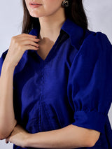 Women's Blue Casual Front Pleated Cotton Midi A-Line Dress