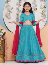 Girls Sea Green & Pink Embroidered Choli and Ready to Wear Lehenga with Dupatta