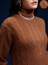 Women's Brown Casual Self-Design Full Sleeves Sweater