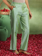 Women's Green Silk Blend Embroidered Yoke Design Straight Kurta and Trouser with Self Design Dupatta