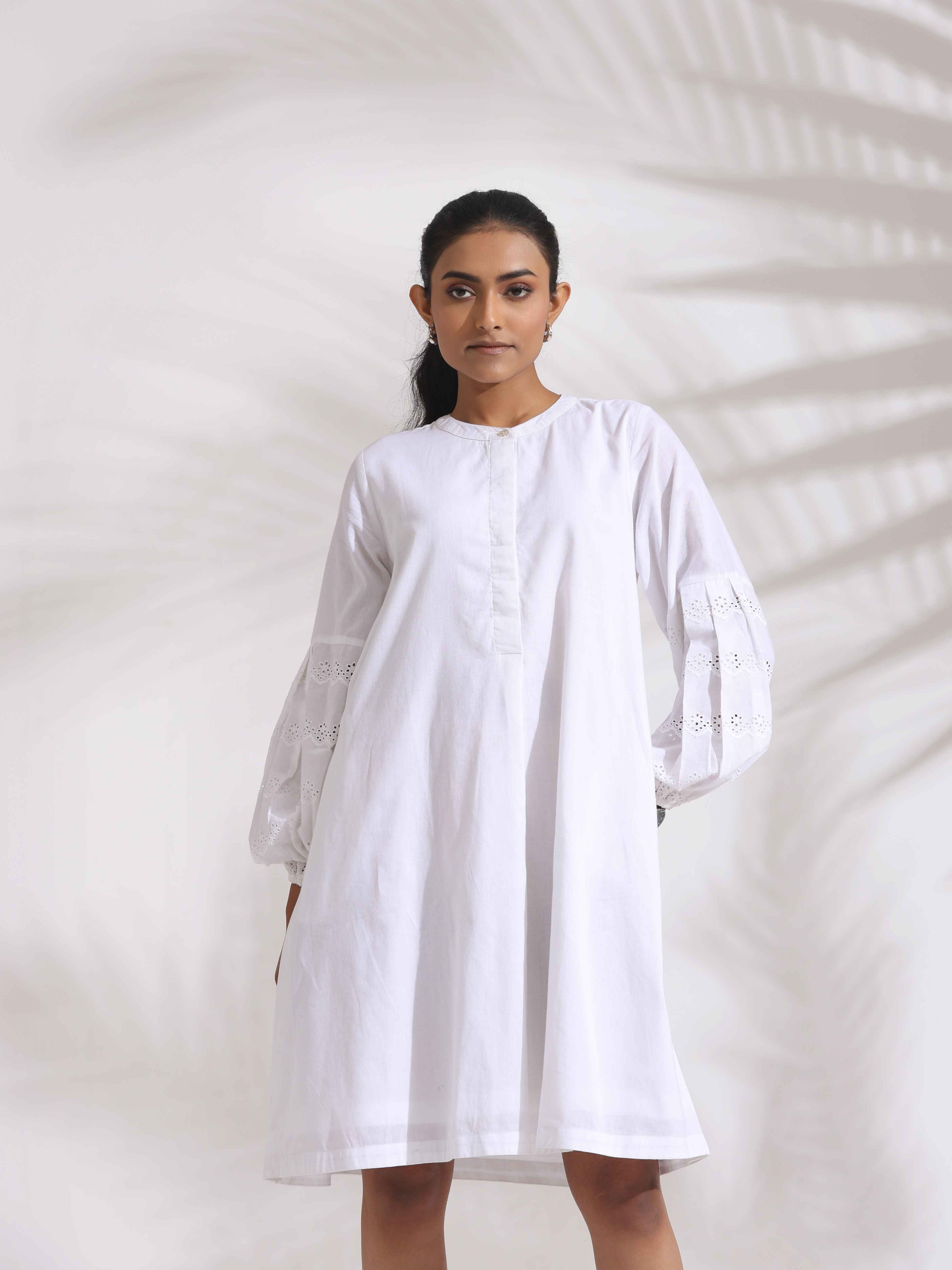 Women's White Cotton Schiffli Short Dress