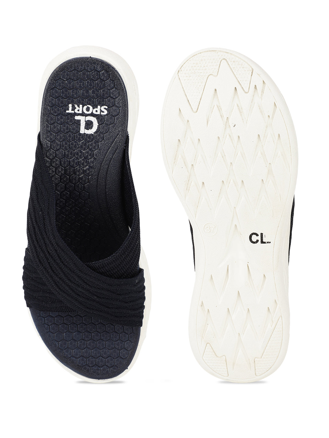 Women's Navy Criss-Cross Fly Knit Comfort Slides