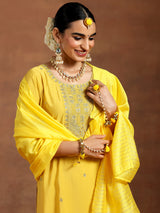 Women's Yellow Embroidered Yoke Straight Kurta and Solid Trouser with Yellow Self Design Dupatta