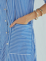 Women's Blue & White Casual Stripe Notched Lapel Midi Dress