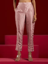 Women's Dusty Pink Pure Silk Embroidered a-line Kurta & Dusty Pink Trousers & Dupatta