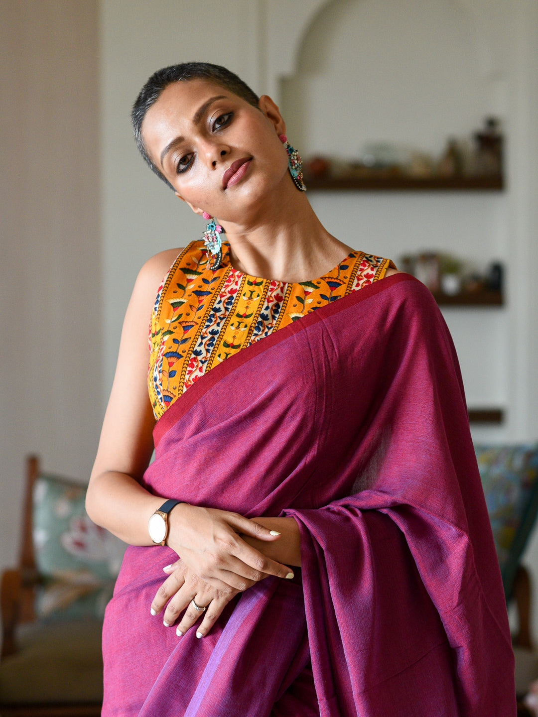 Women's Purple Cotton Blend Saree