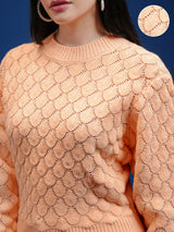 Women's Orange Casual Self-Design Full Sleeves Sweater