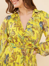 Women's Yellow Printed Pleated Puff Sleeves Belted Chiffon Fit & Flare Midi Dress