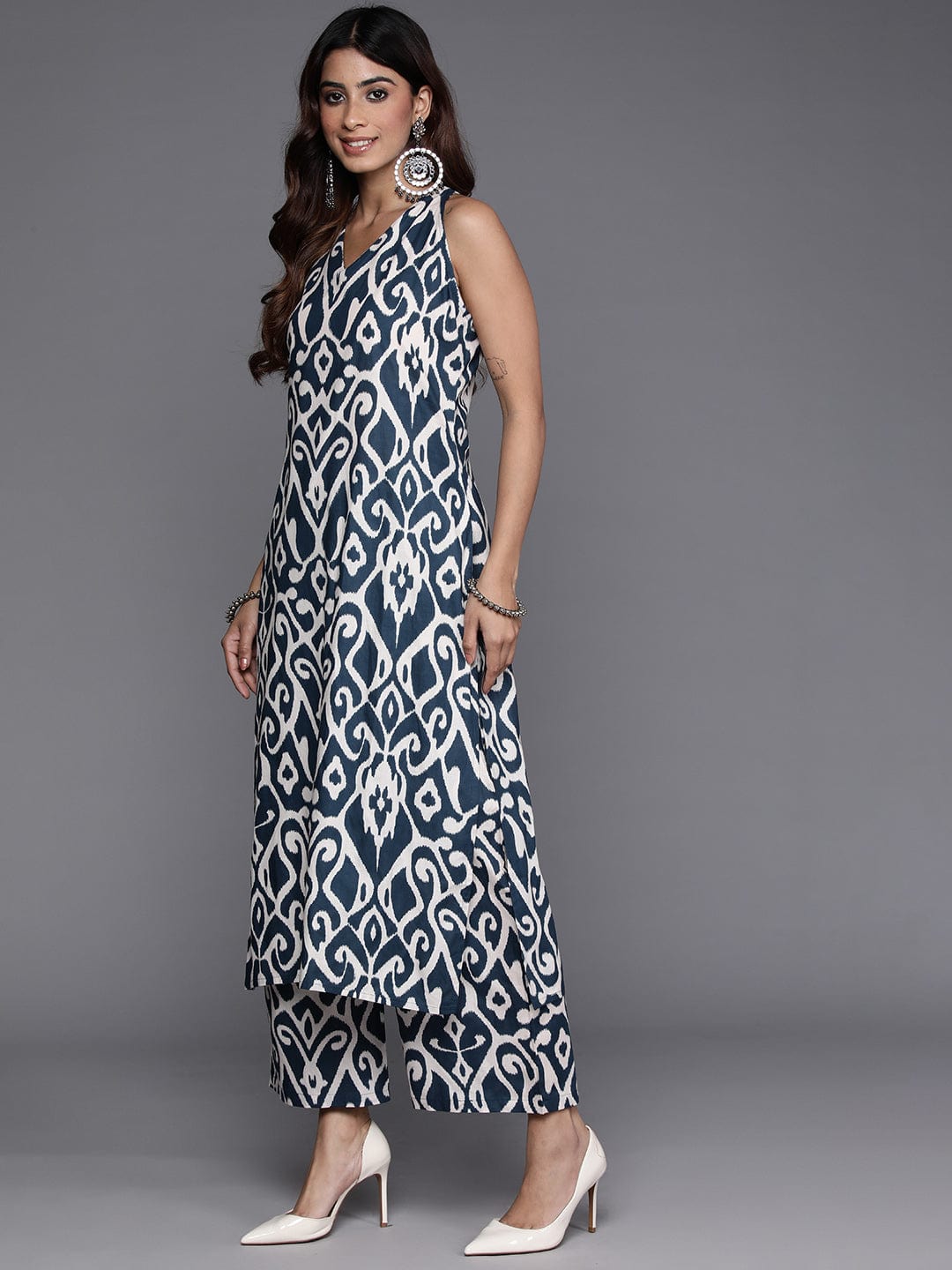 Women's Ikat Printed Pure Cotton Kurta With Palazzos