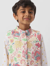 Boys White Cotton Sewn on Pocket Square Kurta Set with Printed Nehru Jacket