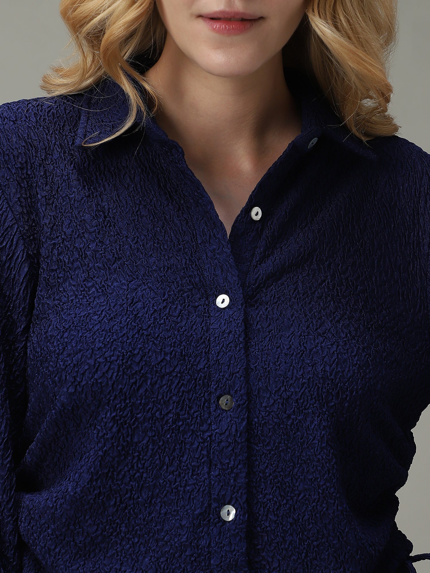 Women's Navy Casual Crop Solid Shirt