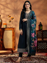 Women's Blue Floral Zari Embroidered Yoke Design Kurta With Trouser and Dupatta