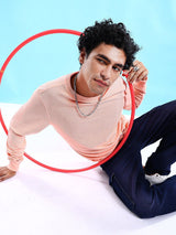 Men's Pink Casual Round Neck Self-Design Full Sleeves Sweatshirt