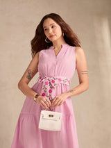 Women's Pink Flared Tiered Stripe Shirt Dress With Embroidered Belt