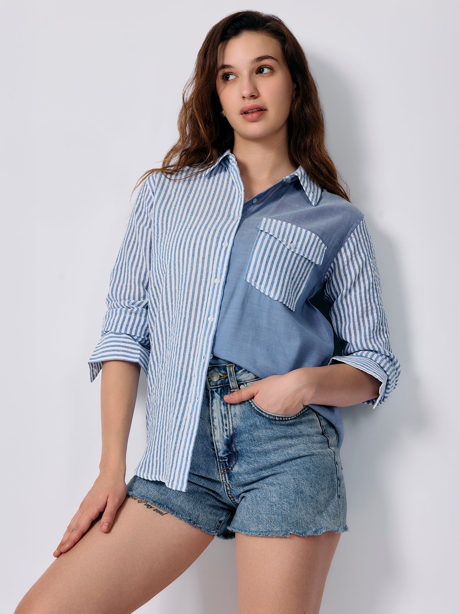Women's Blue Oversized Fit Full Sleeve Shirt