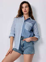 Women's Blue Oversized Fit Full Sleeve Shirt