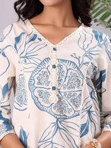 Women's White & Blue Floral Printed V Neck Sequinned Panelled Cotton A Line Kurta