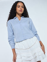 Women's Blue Casual Solid Full Sleeves Shirt