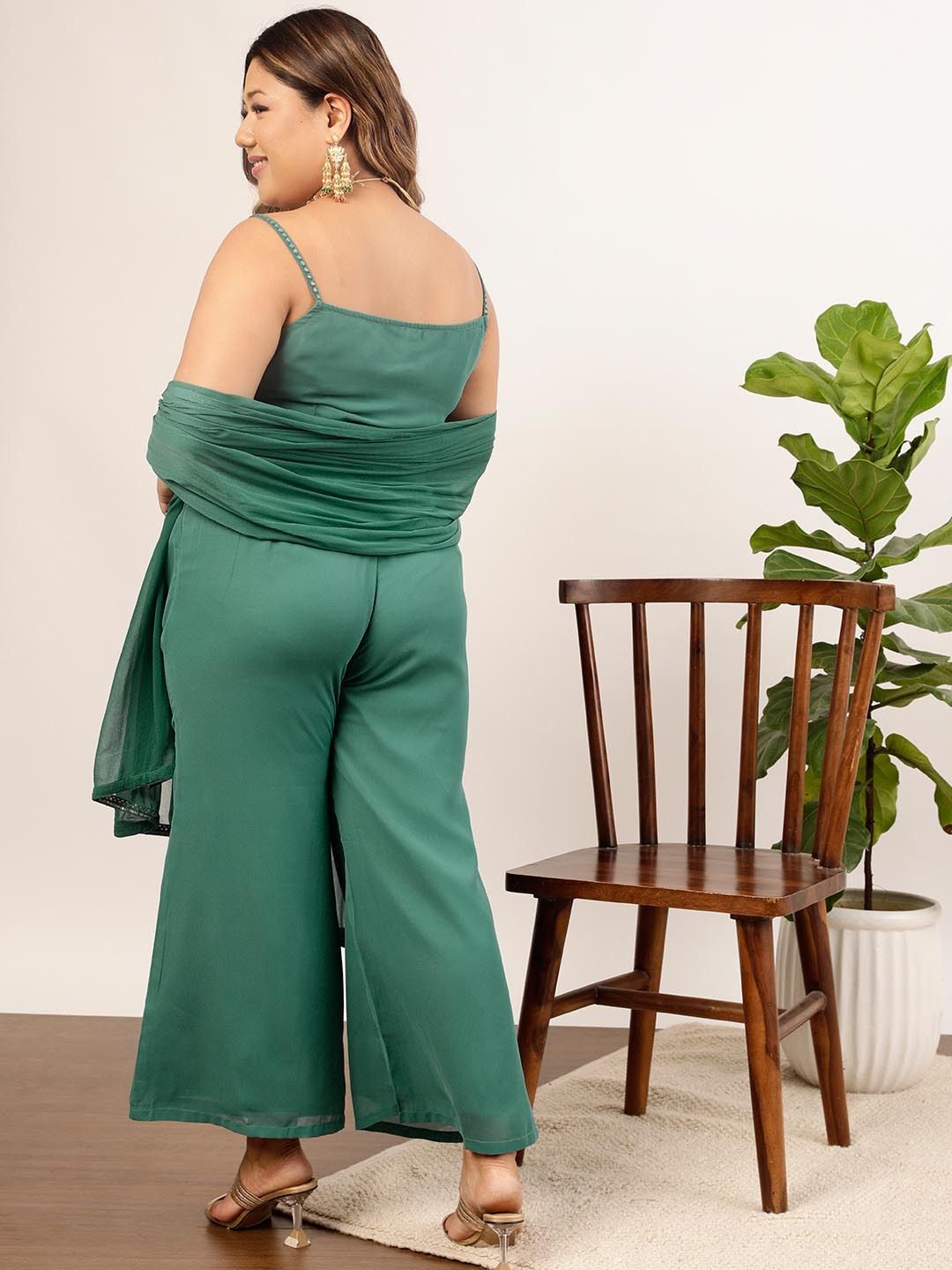 Women's Green Embellished Top & Palazzo