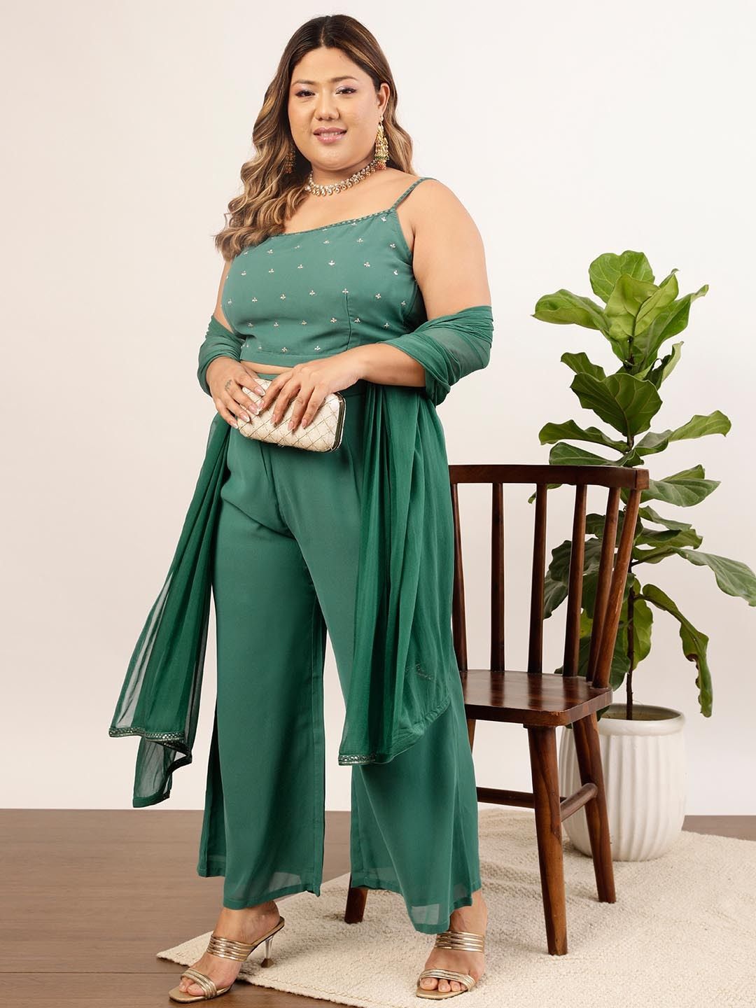 Women's Green Embellished Top & Palazzo