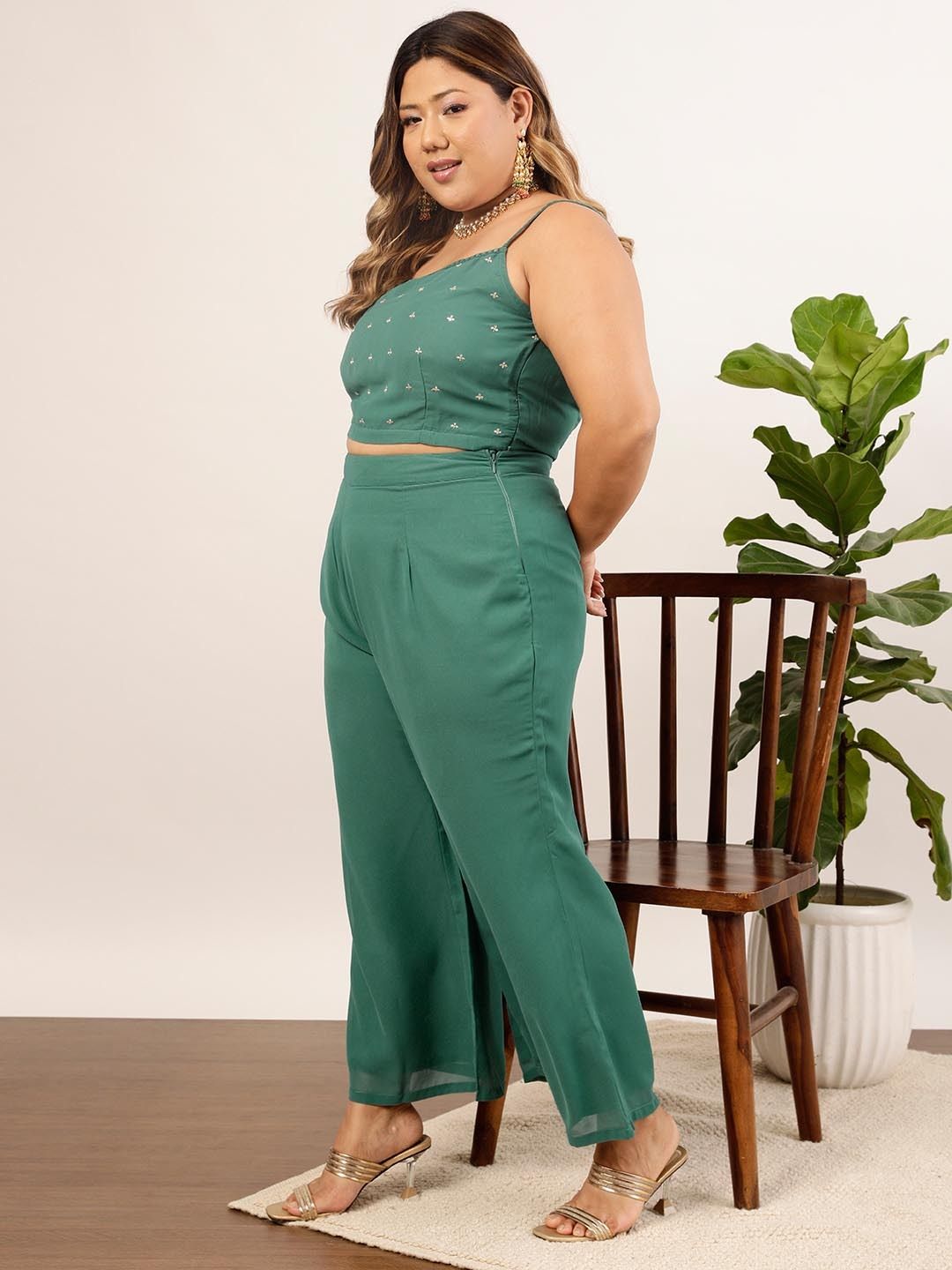 Women's Green Embellished Top & Palazzo
