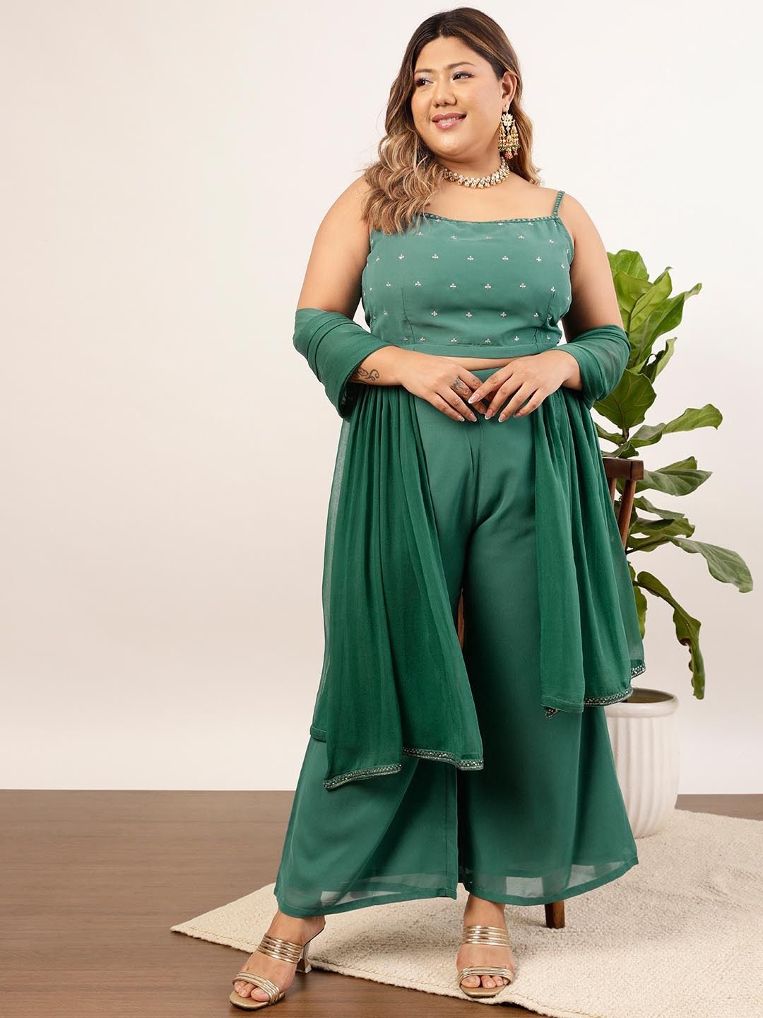 Women's Green Embellished Top & Palazzo