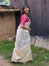 Women's White Cotton Silk Saree with Blouse Piece