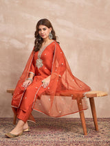 Women's Rust Kurta Set with Intricate Zari Embroidery Paired with Solid Trouser and Dupatta