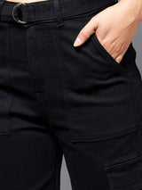 Women's Black Wide Leg High Rise Clean Look Regular Stretchable Denim Jeans