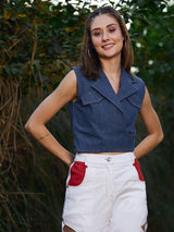 Women's Blue Casual Solid Regular Fit Sleeveless Top