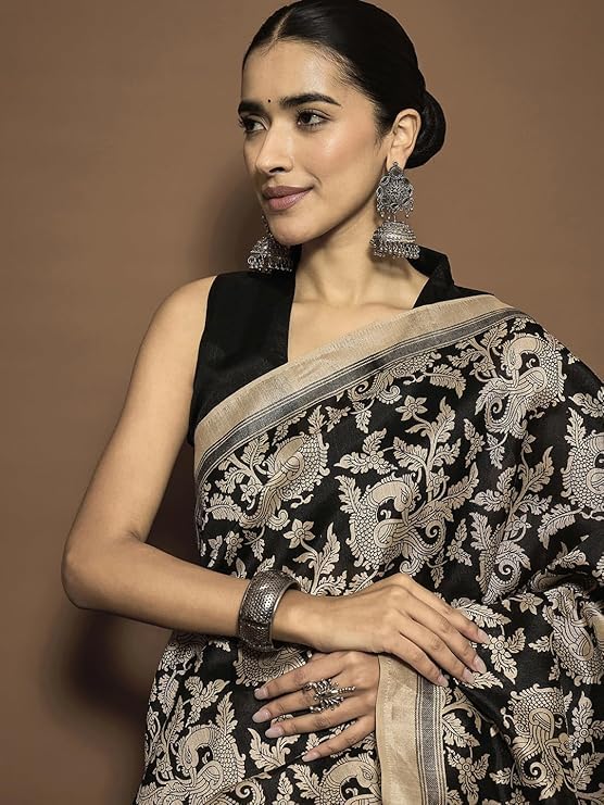 Women's Bhagalpuri Silk Black Printed Designer Saree with Blouse Piece