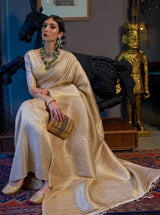 Women's Kanjeevaram Silk White Woven Design Woven saree with Blouse Piece