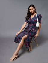 Women's Multicolor V-Neck Puff Sleeve Floral Wrap Midi Casual Dress