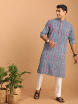 Men's Blue Cotton Allover Printed Kurta with Pant Style Pyjama Set