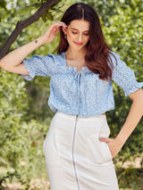Women's Blue Casual Printed Regular Fit Half Sleeves Top
