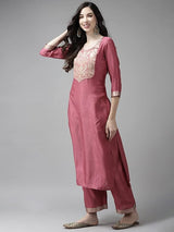 Women's Solid Pink Straight Kurta Palazzo with Dupatta Set