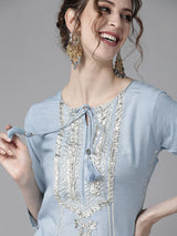 Women's Blue Silver Pure Silk Striped Kurta Set with Gotta Patti Detail