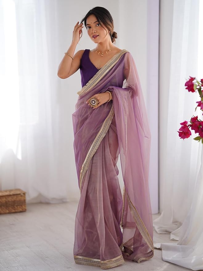 Women's Net Purple Embellished Designer Saree with Blouse Piece