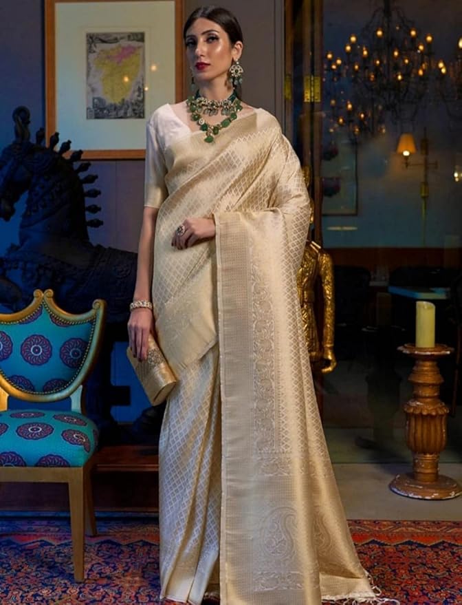 Women's Kanjeevaram Silk White Woven Design Woven saree with Blouse Piece
