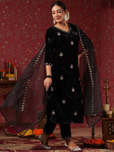 Women's Ethnic Wear Velvet Black Straight Kurta Set with Dupatta