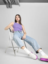 Womens Purple Casual Solid Sleeveless Top