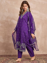 Women's Purple Kurta with Thread Embroidery Paired with Solid Trouser and Dupatta