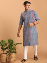 Men's Blue Cotton Allover Printed Kurta with Pant Style Pyjama Set
