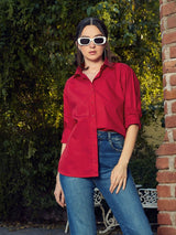 Women's Red Poplin Oversized Shirt