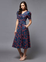 Women's Multicolor V-Neck Puff Sleeve Floral Wrap Midi Casual Dress