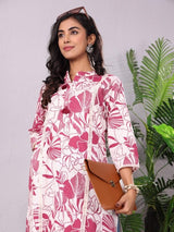 Women's Floral Printed Mandarin Collar Panelled Cotton A Line Kurta