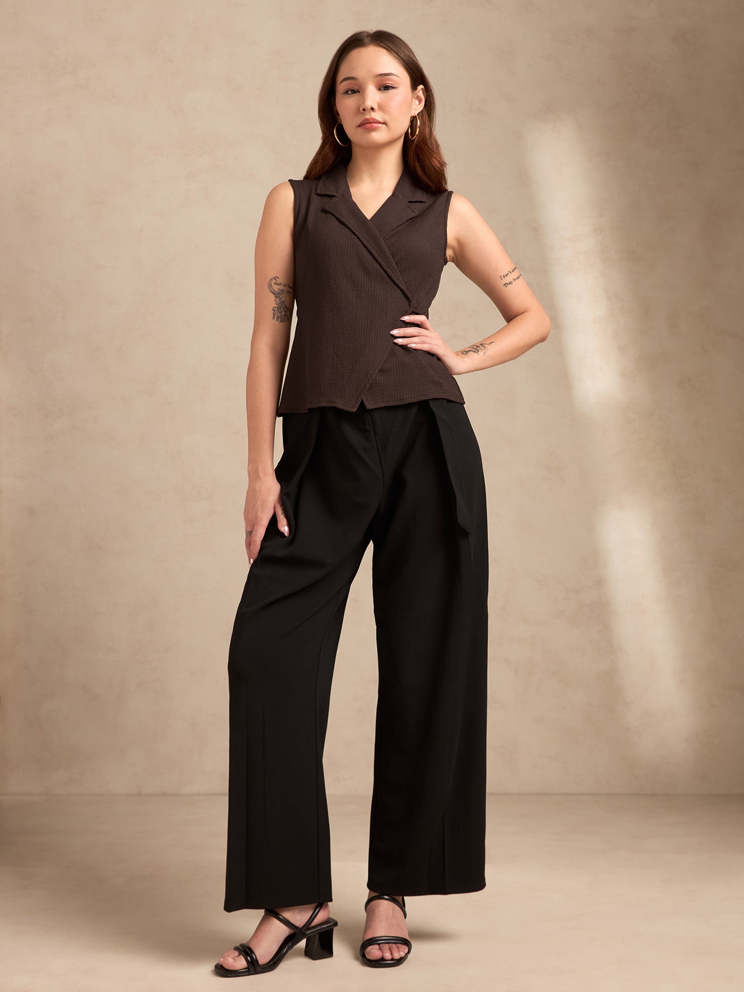 Women's Brown Party Solid Sleeveless Top