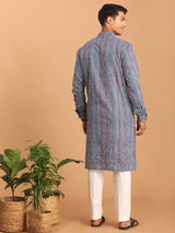 Men's Blue Cotton Allover Printed Kurta with Pant Style Pyjama Set