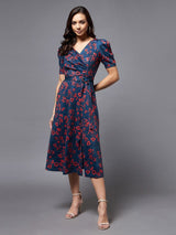 Women's Multicolor V-Neck Puff Sleeve Floral Wrap Midi Casual Dress