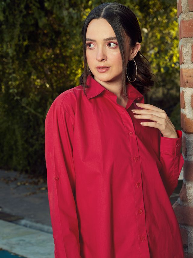 Women's Red Poplin Oversized Shirt